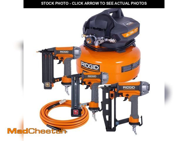Lot 74-12900053 - RIDGID 6 Gal. 150 PSI Electric Air Compressor with 25 ft. Hose, 18GA Brad Nailer, 16GA Finish Nailer...