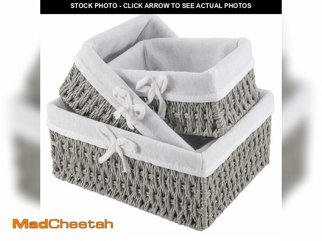 Lot 74-12442183 - SHEUTSAN 3 PCS 3 Sizes Gray Woven Storage Basket with Removable Liner, Decorative Paper Rope Woven S...