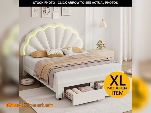 Lot 74-14437901 - HIFIT Queen Upholstered LED Bed Frame with Petal Headboard &amp; Storage, Beige - USED