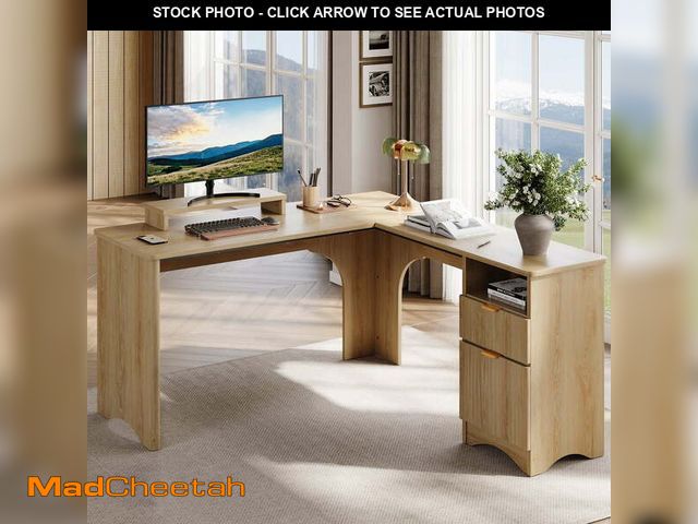Lot 74-14325294 - Bestier L Shaped Desk with Drawers, 55.7" x 55" Office Computer Desk with Round Corners, Monitor Sta...