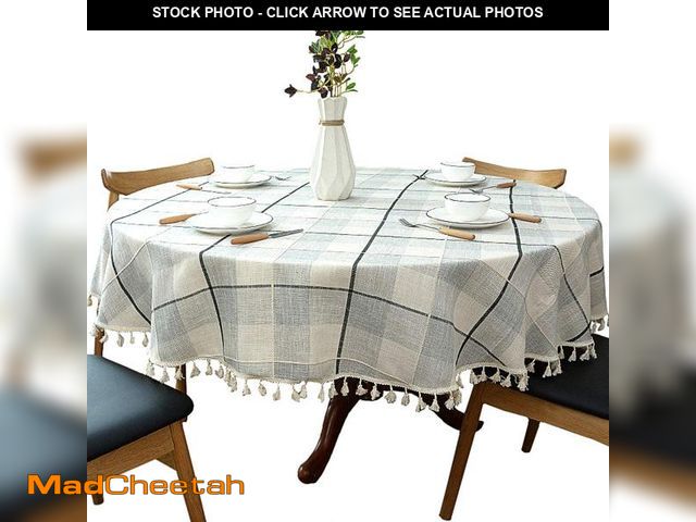 Lot 74-11548846 - Dimatic Heavy Weight Cotton Linen Tablecloth, Plaid Tassel Round Table Cover for Kitchen Dining Room...