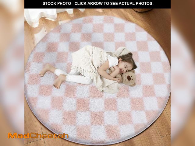 Lot 74-12052729 - TOOHUB Super Soft Rug, Round Rug for Bedroom, 6X6 Ft Pink and White Checkered Round Rug Non-Slip Hig...