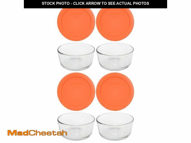 Lot 74-13629222 - Pyrex 7200 2 Cup Glass Bowls &amp; 7200-PC Orange Food Storage Replacement Lids (4-Pack) - Made in U...