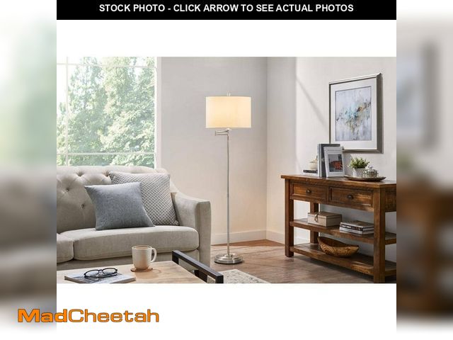 Lot 74-12557356 - Hampton Bay Loring 59.75 in. Brushed Nickel Swing Arm Floor Lamp with White Fabric Shade - UNUSED