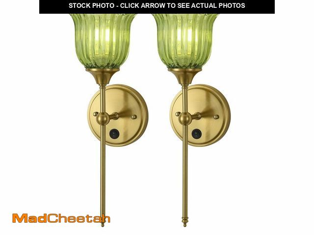 Lot 74-13622785 - BOXCUPIN Modern Wall Sconces Set of 2 with Green Flower Glass Shade, Mid Century Bathroom Vanity Wal...