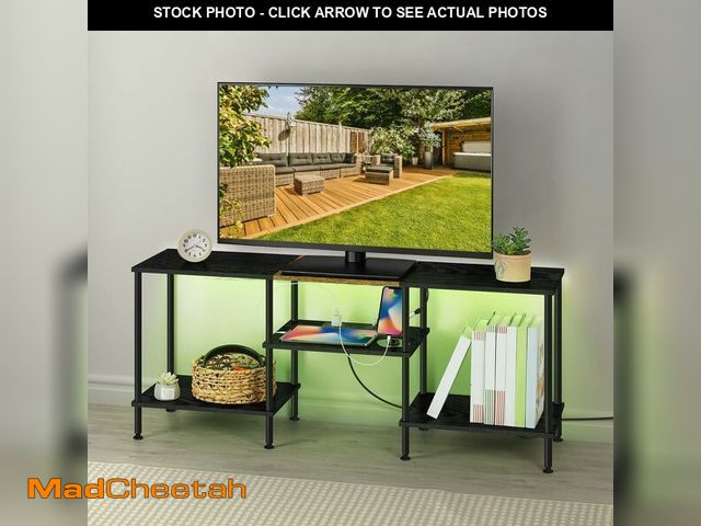 Lot 74-13778336 - (MISSING HARDWARE) BTY TV Stand with LED Lights Industrial TV Entertainment Center with Charging Sta...