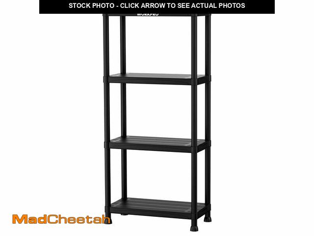 Lot 74-12889464 - WORKPRO 4-Tier Plastic Storage Shelf, Black Utility Shelving Unit with Wall Brackets, Tool-Free Asse...