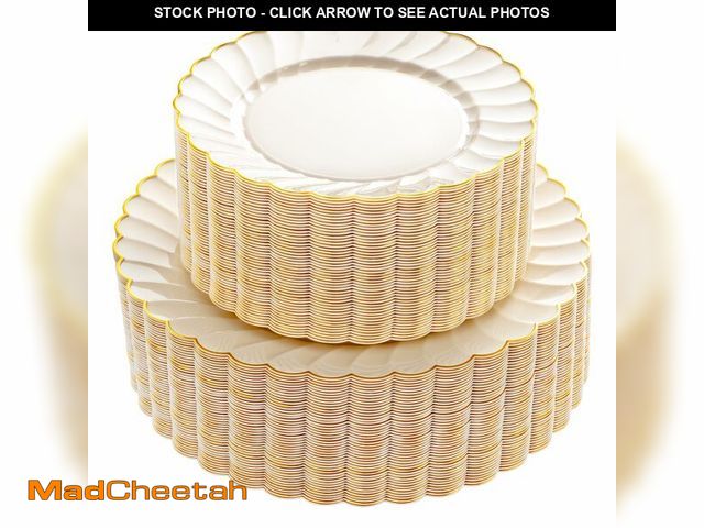 Lot 74-14434195 - YOUBET 100PCS Ivory and Gold Scalloped Plastic Plates for Wedding Party - UNUSED