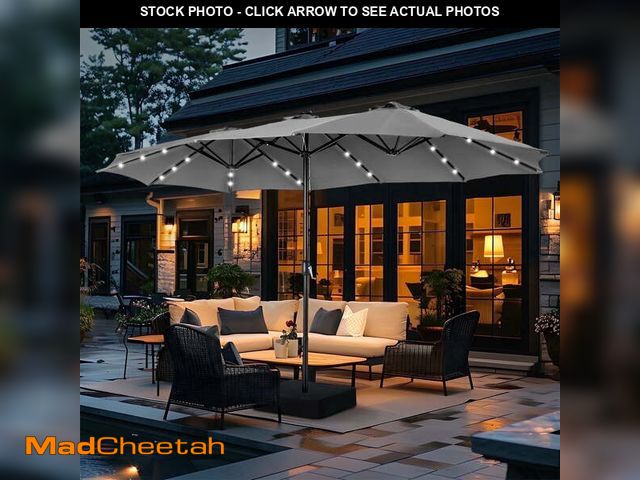 Lot 74-14260734 - SUMMIT LIVING 15 FT Double-Sided Solar Patio Umbrella with Base Large Outdoor Umbrella with LED Sola...