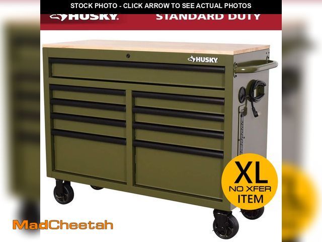 Lot 74-13046303 - (DENTED) Husky 46 in. W x 18.1 in. D 9-Drawer Army Green Mobile Workbench Cabinet with Solid Wood To...