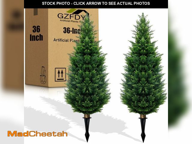 Lot 74-13625458 - GZFDY 3Ft Artificial Cedar Topiary Trees (2-Pack) - UV Resistant Fake Shrubs with Ground Spike for O...