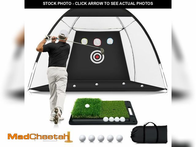 Lot 74-12436596 - Golf Net: 10x7ft Golf Hitting Practice Net for Indoor &amp; Outdoor Use with Heavy-Duty Base Dual-Tu...