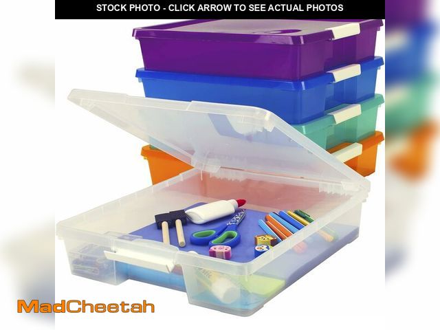 Lot 74-13844860 - Storex Classroom Craft Project Box - Stacking Plastic Organizer Fits 12x12 Scrapbooking Paper, Assor...