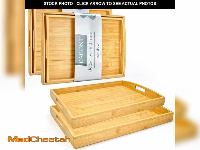 Lot 74-14206465 - Bamboo Serving Tray with Handles Set of 4 - Decorative Wooden Trays for Eating, Working, and Storing...