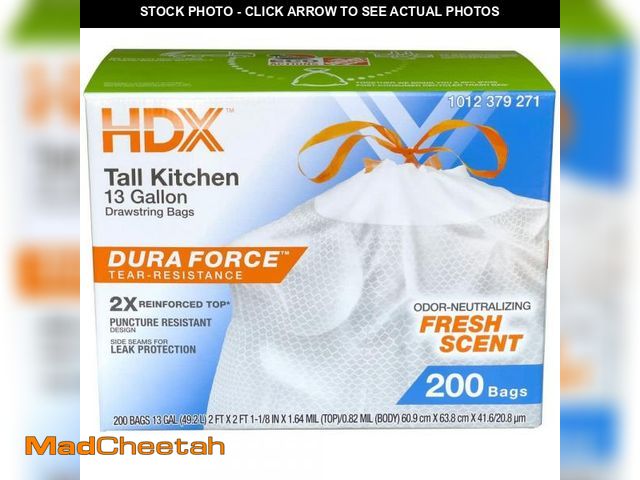 Lot 74-12495415 - HDX 13 Gallon Reinforced Top Drawstring Fresh Scented Tall Kitchen Trash Bags with 20% PCR (200-Coun...