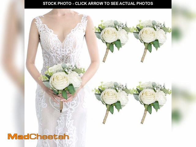 Lot 74-12458924 - SEMONONIA Bridesmaid Bouquets - Set of 4 Ivory White Artificial Flowers Bouquet Wedding Rustic Small...