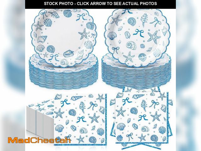 Lot 74-13961194 - Havawish 96 Pcs Seashell Plates and Napkins for 48 Guests Beach Party Tableware Including Blue Bow O...