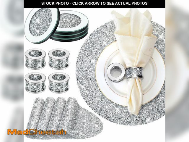 Lot 74-12601817 - Dandat 12 Pcs Silver Napkin Rings Silver Rhinestone Placemat Glass Mirrored Coaster Set Includes 4 C...