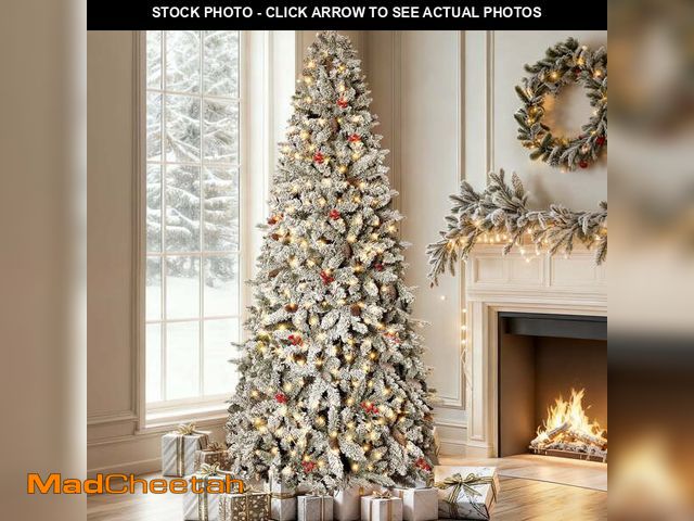 Lot 74-13060843 - GVDV Christmas Tree 6ft Pre-Lit Snow Flocked Artificial Christmas Tree with Pinecones &amp; Berries,...
