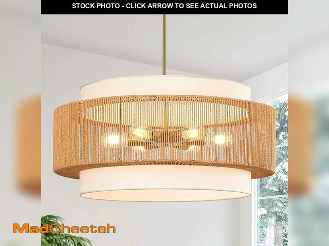 Lot 74-14203592 - 25.6" Rattan Chandelier, 6-Light Large Rattan Pendant Light with Fabric Lampshade, Farmhouse Boho Li...
