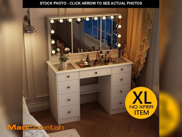 Lot 74-13056400 - FUFU&amp;GAGA White Makeup Vanity Desk 9-Drawers Wood Dressing Table With 3 Mirrors, Glass Top, Hidd...