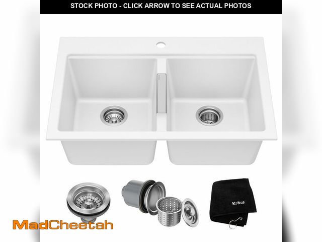 Lot 74-13652659 - KRAUS Quarza 33-inch Granite Drop-In/Undermount 50/50 Double Bowl White Kitchen Sink, KGD-433BWHITE ...