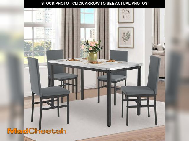 Lot 74-14288553 - 5 Piece Faux Marble Top Dining Table Set for 4, Rectangular Table and 4 High-Back Velvet Padded Chai...