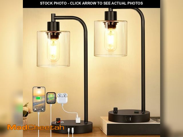 Lot 74-14428942 - Lynnoland Set of 2 Industrial Table Lamps with 2 USB, Fully Stepless Dimmable Bedside Lamps for Bedr...