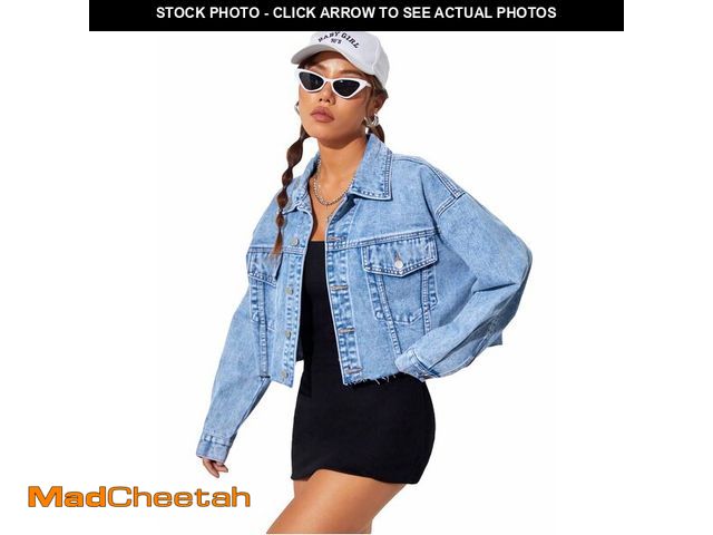 Lot 74-12879110 - MakeMeChic Women's Casual Long Sleeve Raw Hem Jean Jacket Button Down Crop Denim Jacket Light Wash X...