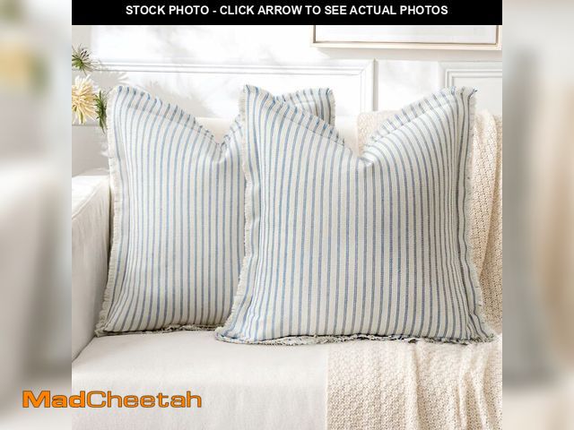 Lot 74-12439559 - MIULEE Pack of 2 Light Blue Pillow Covers 18x18 Inch Striped Farmhouse Couch Spring Throw Pillow Cov...