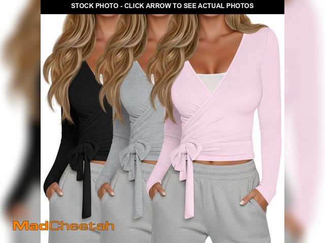 Lot 74-14300384 - Oakgarden 3 Pack Women's Tie Wrap Tops, Long Sleeve Workout Ballet Yoga Pilates Shirts Deep V Neck T...