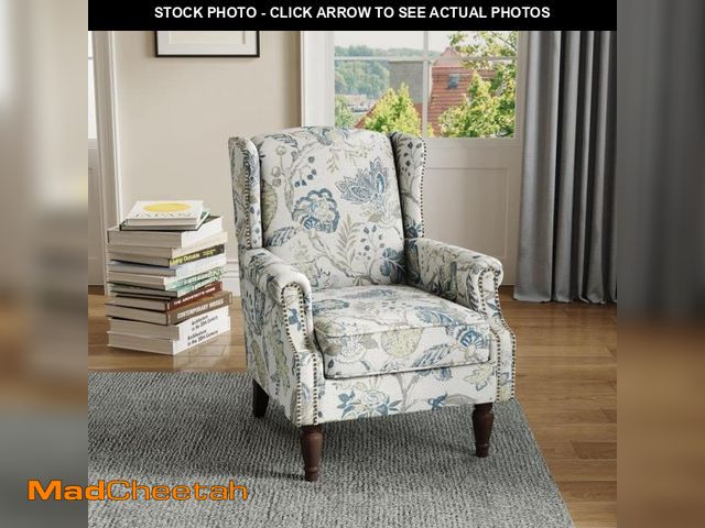 Lot 74-12492649 - Uixe Retro Plants Blue Linen Nailhead Trim Upholstered High Back Accent Arm Chair with Wood Legs(Set...