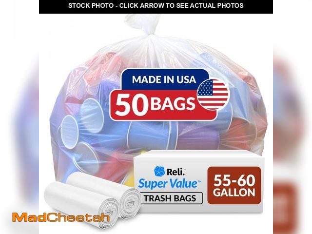 Lot 74-11555899 - Reli. SuperValue 55-60 Gallon Trash Bags  50 Count  Made in USA  Heavy Duty  Clear Multi-Use Garbage...