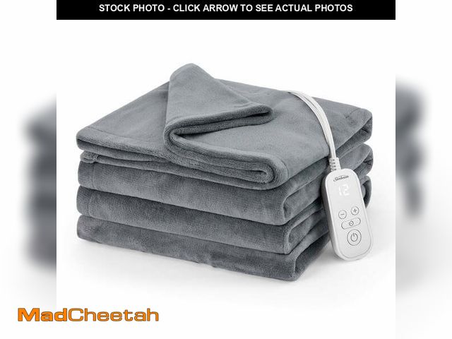 Lot 74-12556201 - Sunbeam Electric Heated Bed Blanket Grey Soft Microplush 12 Heat Settings Twin 84 x 62 - USED