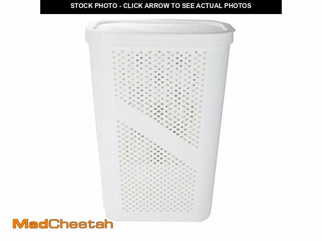 Lot 74-12544243 - Mind Reader Slim Laundry Hamper with Lid, 60L Clothes Basket, Ventilated Plastic, White - UNUSED