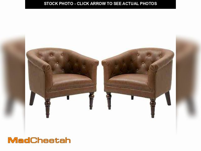 Lot 74-13046413 - Uixe Mid-Century Brown PU Leather Button Upholstered Accent Chair with Solid Wood Legs (ONLY ONE CHA...