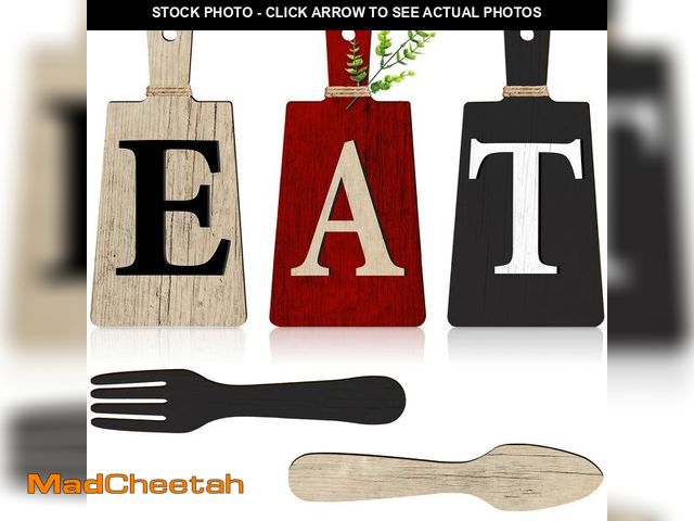 Lot 74-13626275 - Jetec Cutting Board Eat Sign Set Hanging Art Kitchen Eat Sign Fork and Spoon Wall Decor Rustic Primi...