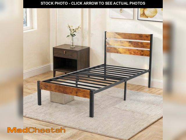 Lot 74-14438781 - SHOUFTW Twin Size Bed Frame with Headboard, Solid, Stable, No Box Spring Required, Easy Assembly - U...