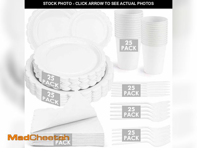Lot 74-14087234 - Inadays 175Pcs Disposable Party Supplies Includes Cream White Paper Plates Cup Napkins Forks Spoons ...