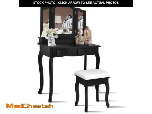 Lot 74-12143323 - Costway Vanity Makeup Dressing Table Set W/Stool 4 Drawer&amp;Mirror Jewelry Wood Desk Black - UNUSE...