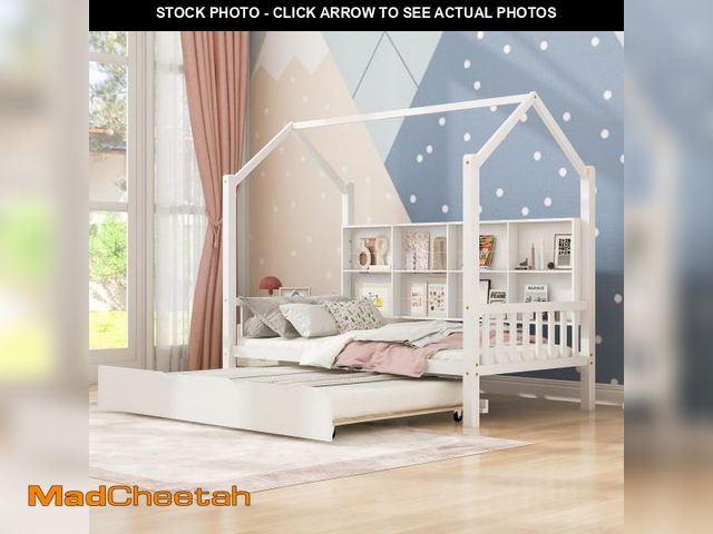 Lot 74-12200794 - Merax Wood Twin Montessori Daybed with Trundle and Book Shelf Low Sofa Day Bed for Boys Girls No Box...
