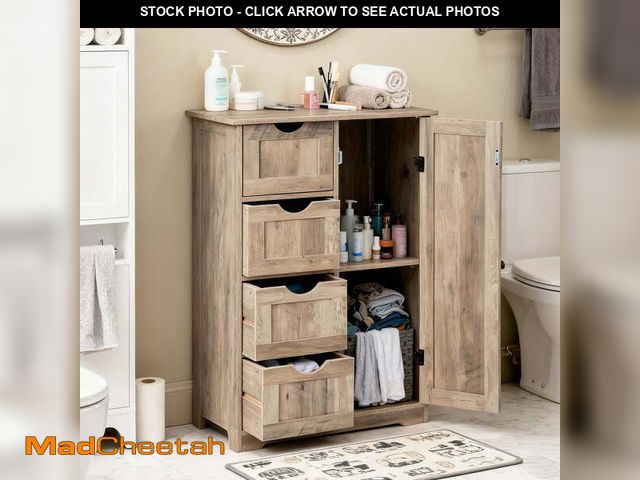 Lot 74-13775514 - Ktaxon Wooden Bathroom Floor Cabinet, Side Storage Organizer with 4 Drawers, 1 Cupboard &amp; 2-Shel...