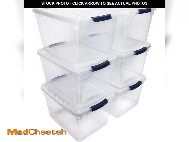 Lot 74-12463920 - Rubbermaid Cleverstore 30 qt. Plastic Storage Tote Container with Lid (6-Pack) - UNUSED