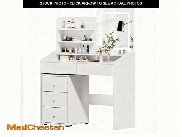 Lot 74-12415409 - White Makeup Vanity Desk with Square LED Mirror &amp; Gliding Storage Cabinet Ã¢â¬â 5 Drawers, Ad...