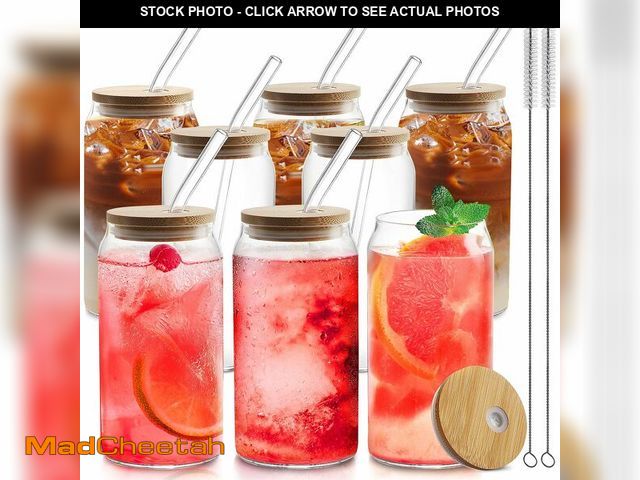 Lot 74-13570167 - HOMBERKING Glass Cups with Bamboo Lids and Straws 8pcs Set, 20oz Cups, Beer Glasses, Iced Coffee Cup...