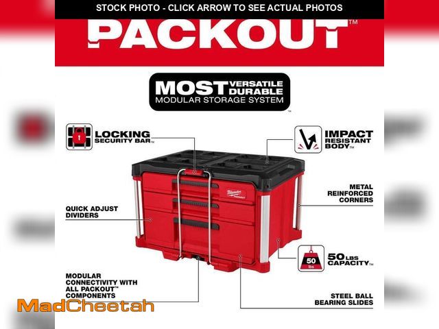 Lot 74-14439804 - (CORNER IS CRACKED) Milwaukee PACKOUT 22 in. Modular 3-Drawer Multi Drawer Tool Box with Metal Reinf...