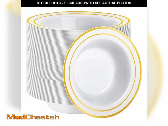 Lot 74-13625333 - Goodluck 100 Pack Plastic Bowls with Gold Rim, 12oz Disposable Soup Bowls, Heavy Duty Dessert Bowls ...