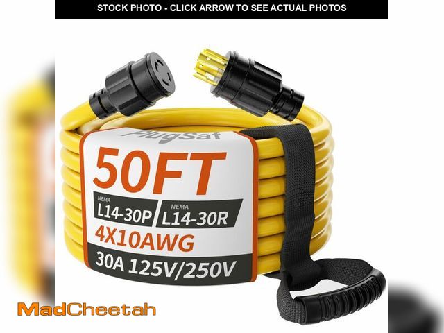 Lot 74-13454913 - PlugSaf 50FT 30 Amp Generator Extension Cord 4 Prong NEMA L14-30P/L14-30R 10 Gauge STW 125/250V Twis...