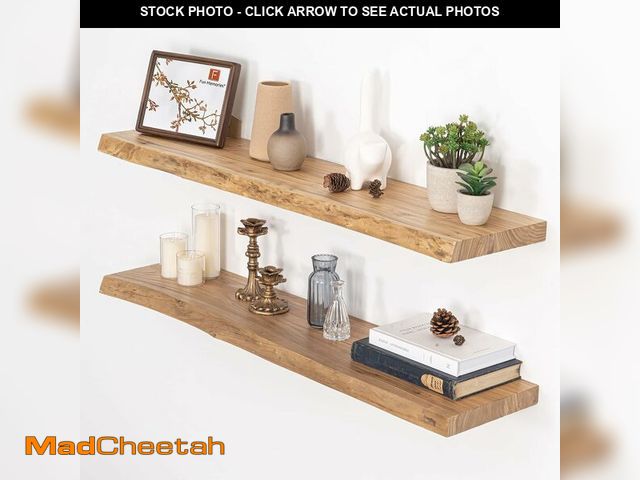 Lot 74-14347793 - Floating Shelves for Wall, Live Edge 40"W x 9.3"D x 1.5"H Wood Floating Shelf, Set of 2 with Invisib...
