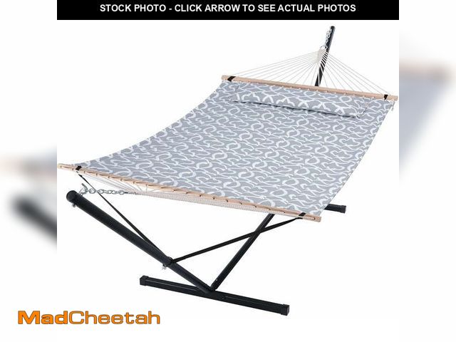 Lot 74-14275911 - SUNCREAT Double Hammock, Extra Large Quilted Fabric Swing with Thick Hardwood Spreader Bars &amp; De...